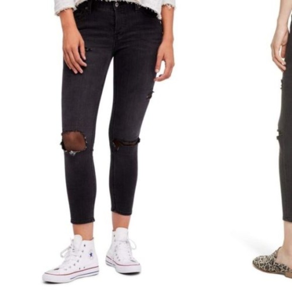 Free People Denim - Free People Black Fishnet Inset Skinny Jeans